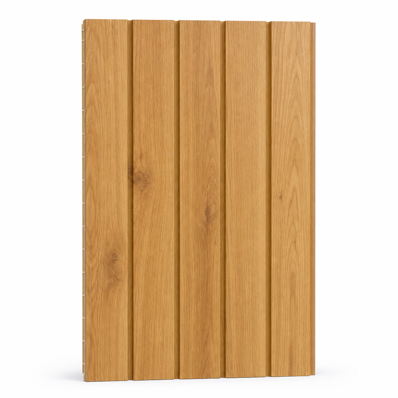 8mm Wood Grain PVC Wall Panel 600mm Wide Warm Oak for Hotel Lobby Reception Backdrop