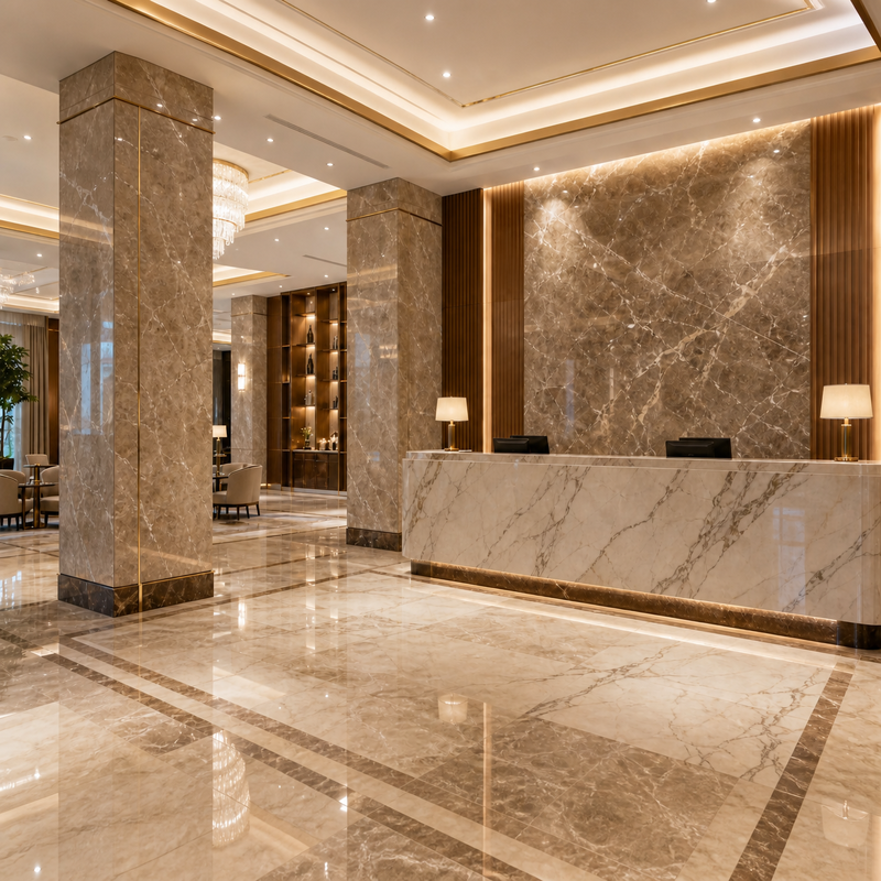 8mm High Gloss Stone PVC Wall Panel 400mm Wide for Hotel Lobby Column Elevator Cladding
