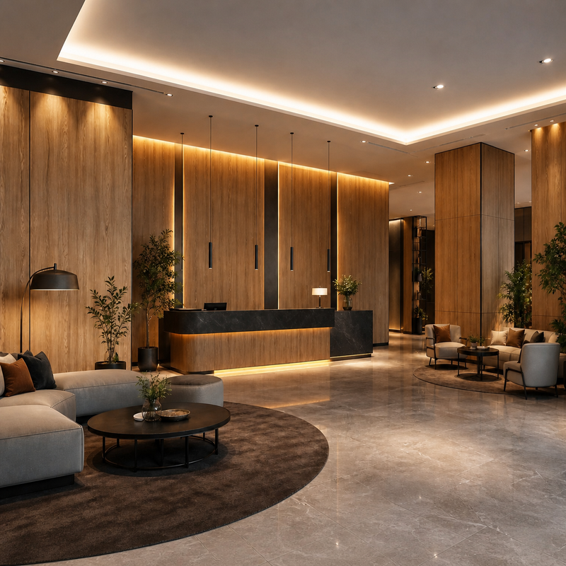 8mm Wood Grain PVC Wall Panel 600mm Wide Warm Oak for Hotel Lobby Reception Backdrop