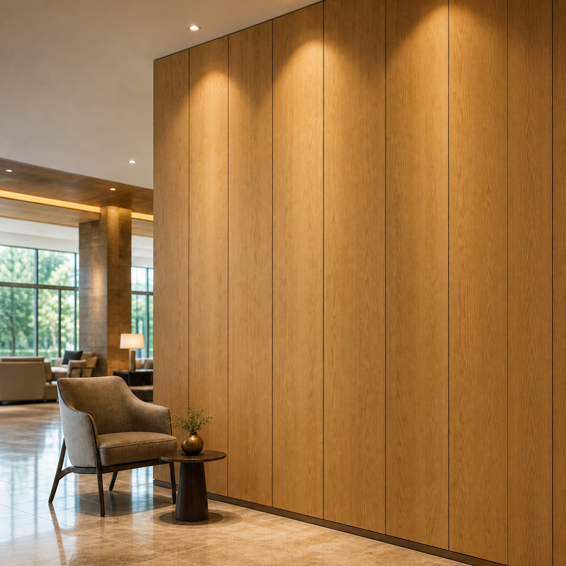 8mm Wood Grain PVC Wall Panel 600mm Wide Warm Oak for Hotel Lobby Reception Backdrop