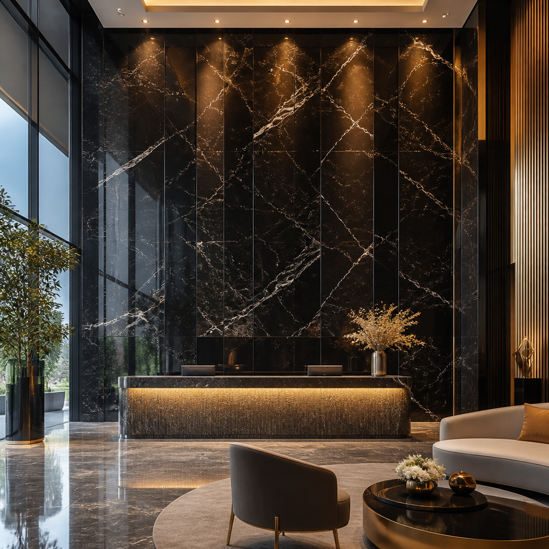 9mm Marble Look PVC Wall Panel 800mm Wide High Gloss for Hotel Lobby Feature Wall