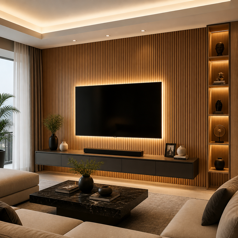 3D Ribbed Wood Grain Interior WPC Fluted Wall Panel Living Room Accent Cladding