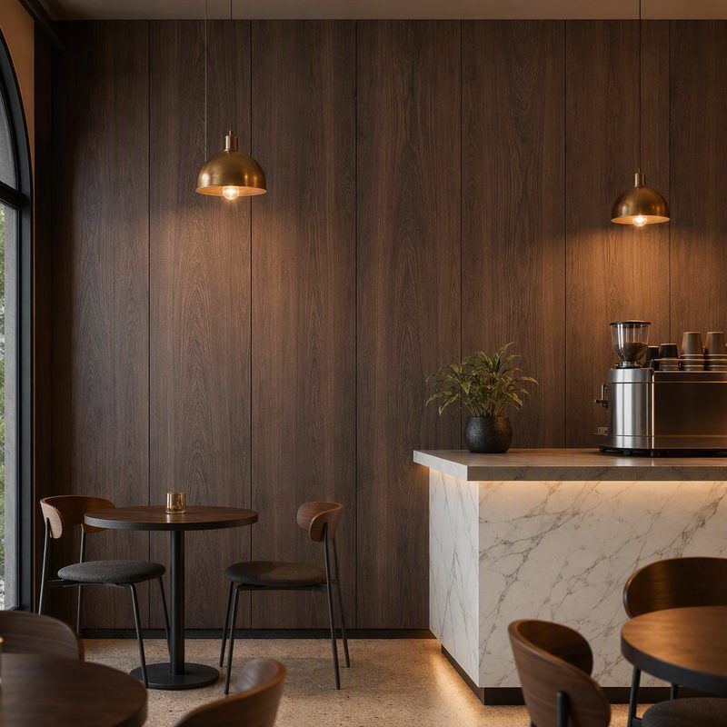 Smoked Oak SPC Wall Panels Waterproof Interior Wall Cladding for Cafe Restaurant Hospitality Fit Out